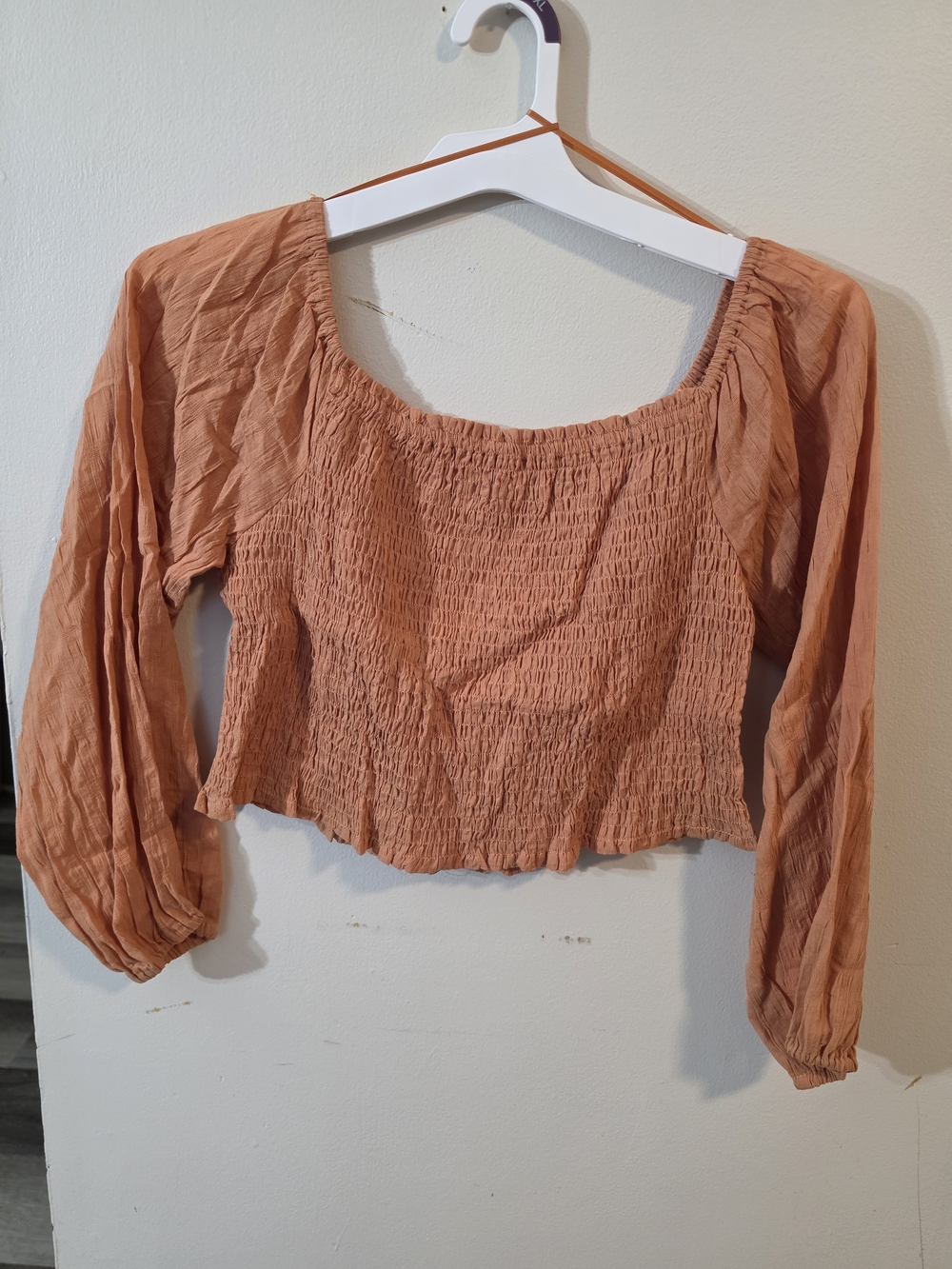 Smocked Long-Sleeve Crop Top - Rust Orange